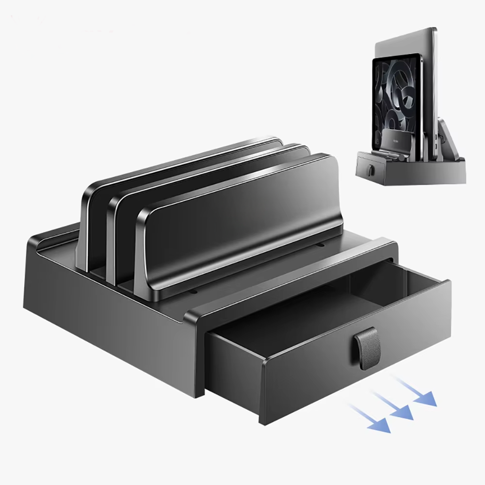 Vertical Laptop Stand with Drawer, Dual Slots Plastic Laptop Holder with Space Saving 4-In-1 Design, Adjustable Laptop