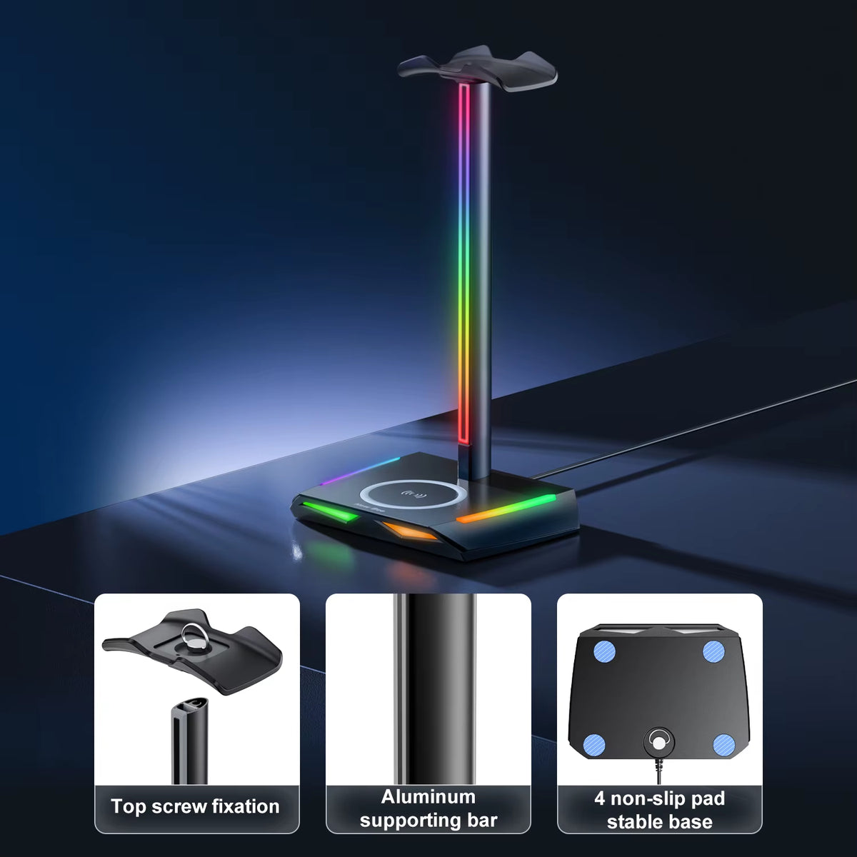 Z12 RGB Headphones Stand Holder with Wireless Charger Base Desk Gaming Headset Holder Non-Slip Rubber Base