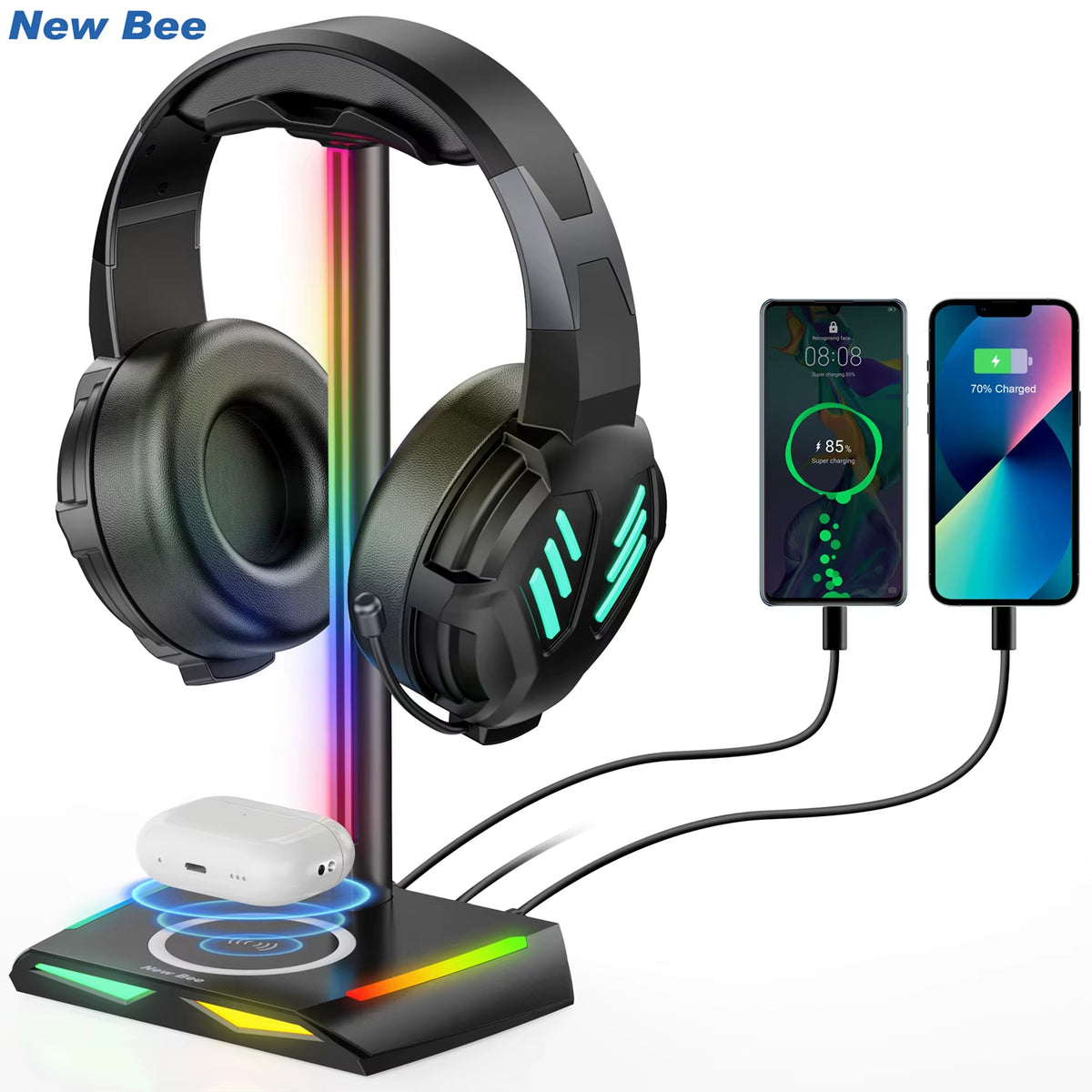 Z12 RGB Headphones Stand Holder with Wireless Charger Base Desk Gaming Headset Holder Non-Slip Rubber Base